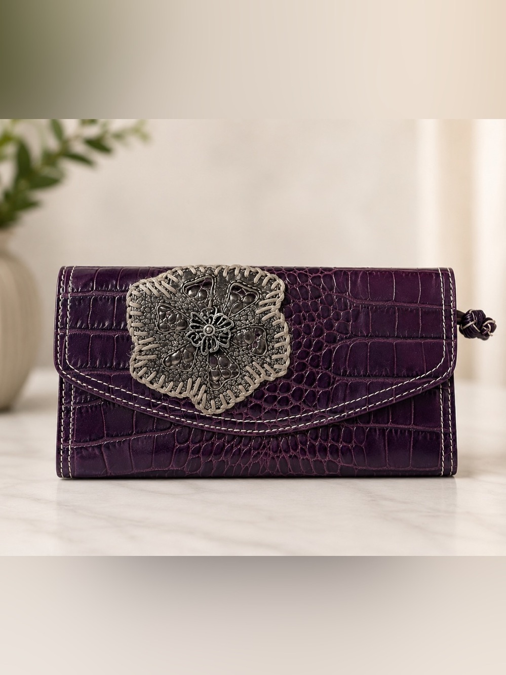 Purple Croc-Embossed Wallet with Silver Floral Accent